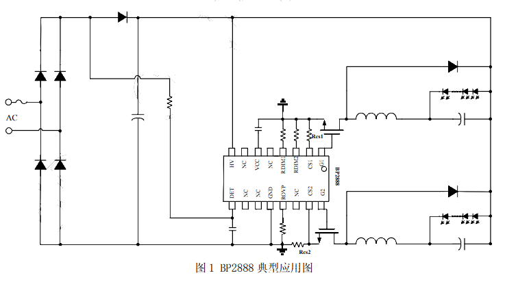 LED恒流驱动芯片BP2888典型电路应用图 LED恒流驱动芯片BP2888典型电路应用图