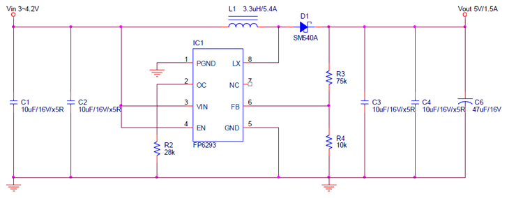 fp6293 3.7V升5V1.5A电路图 fp6293 3.7V升5V1.5A电路图
