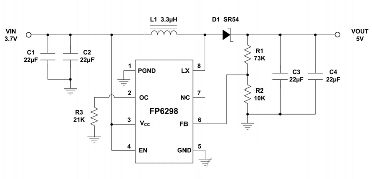 FP6298芯片3.7v升压5v实用电路 FP6298芯片3.7v升压5v实用电路