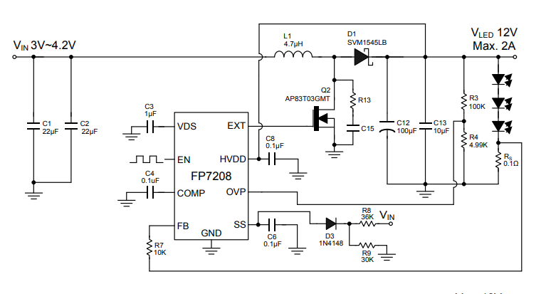 3-4.2V升12V2A实用电路 3-4.2V升12V2A实用电路