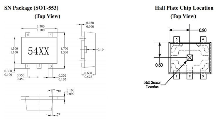 MH254ESN封装尺寸及霍尔板芯片位置