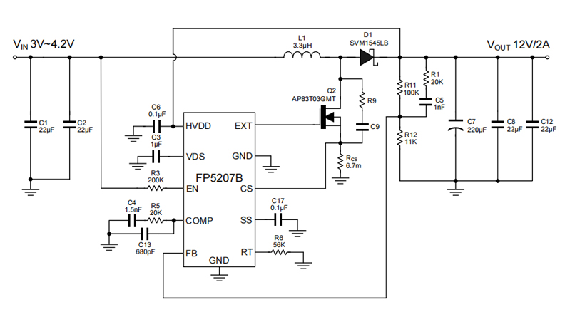 FP5207B 3V-4.2V升12V2A电路图