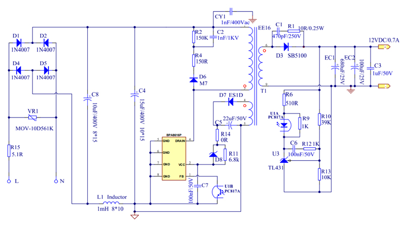BPA8616P 12V/700mA输出电路图 BPA8616P 12V/700mA输出电路图