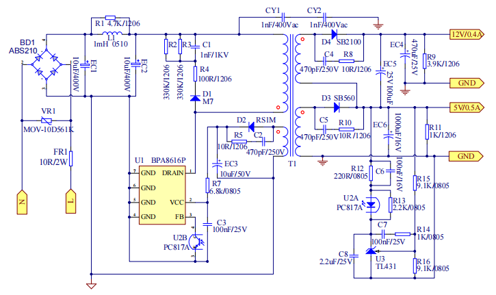 BPA8616P隔离SSR双路输出方案原理图 BPA8616P隔离SSR双路输出方案原理图